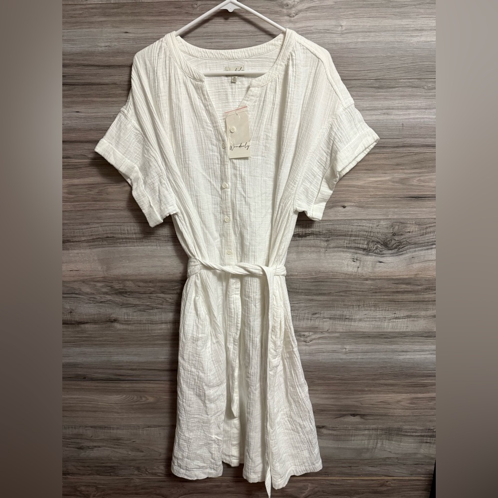 NWT Wonderly White Cotton Gauze Button Down Dress